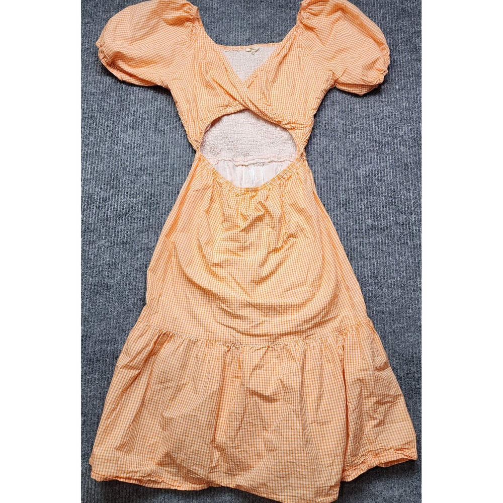 Sim & Sam Orange Gingham Cutout Puff Sleeve Cotton Midi Dress Large